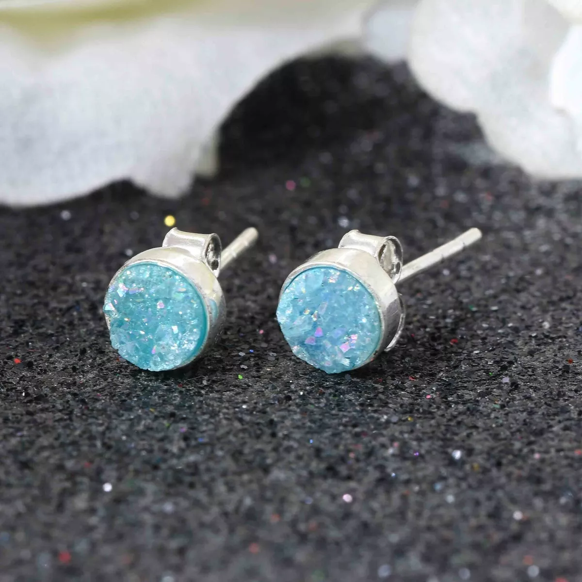 Tiny Blue Druzy Stud Minimalist Earrings Raw Sparkling Druzy