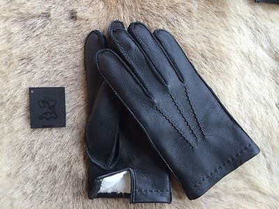 Men's Black Winter Leather Gloves with rabbit fur lining deerskin