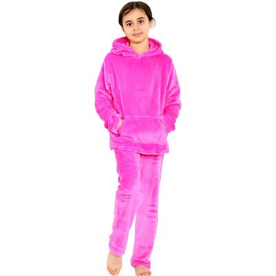 Kinder Mädchen Rosa Warm Fleece Kapuzen Schlafanzüge Für Sleepover 2 Set 5-13Yr