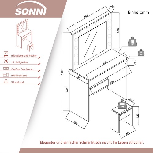 SONNI Schminktisch Frisiertisch Set mit Spiegel Hocker Led Beleuchtung Schwarz  - Bild 7 von 21