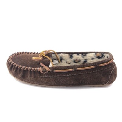 Minnetonka Pile Lined Hardsole Slippers Womens Size 7 Moccasin Brown Leopard