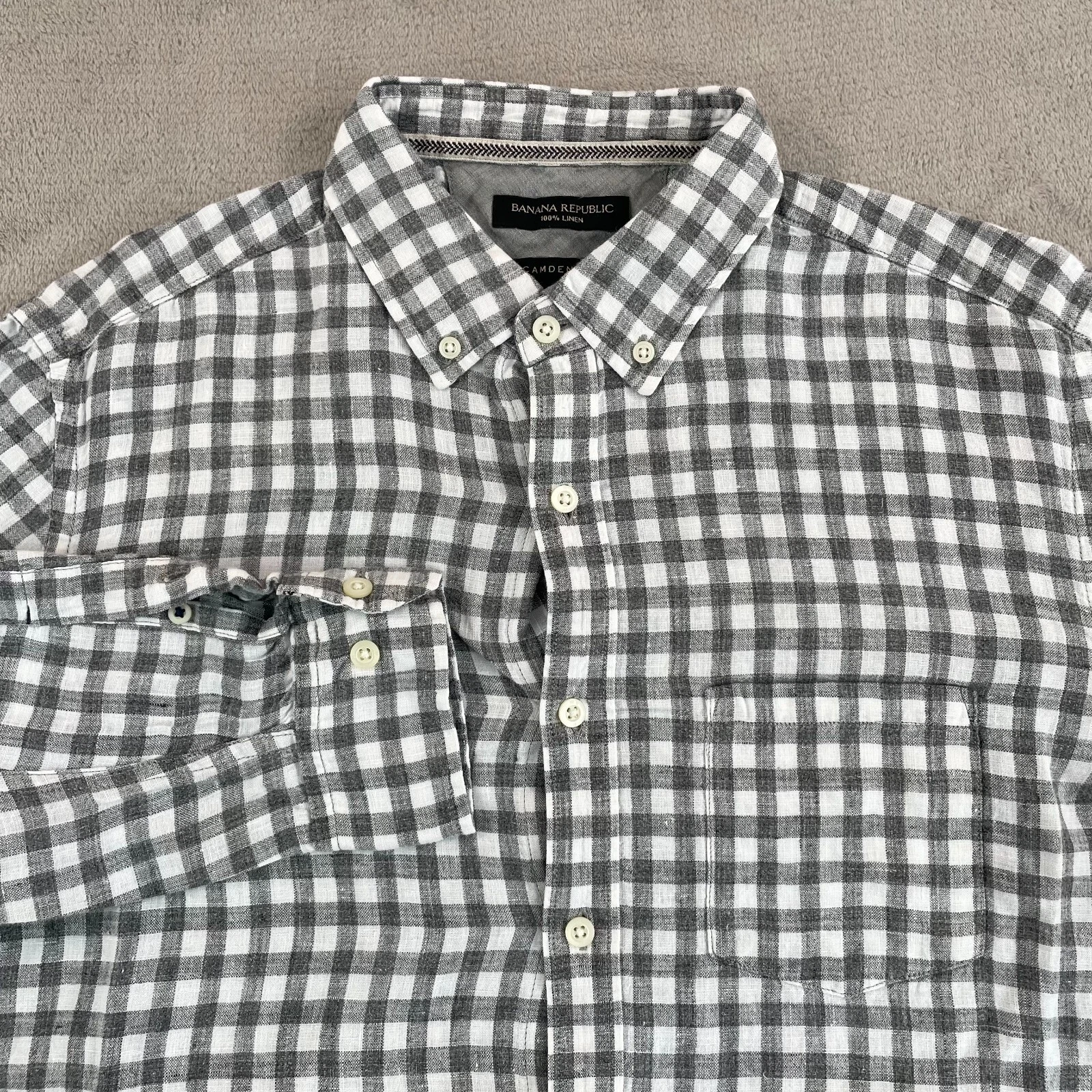 Banana Republic Shirt Men Medium Grey Check 100% Linen Camden Fit Preppy LS