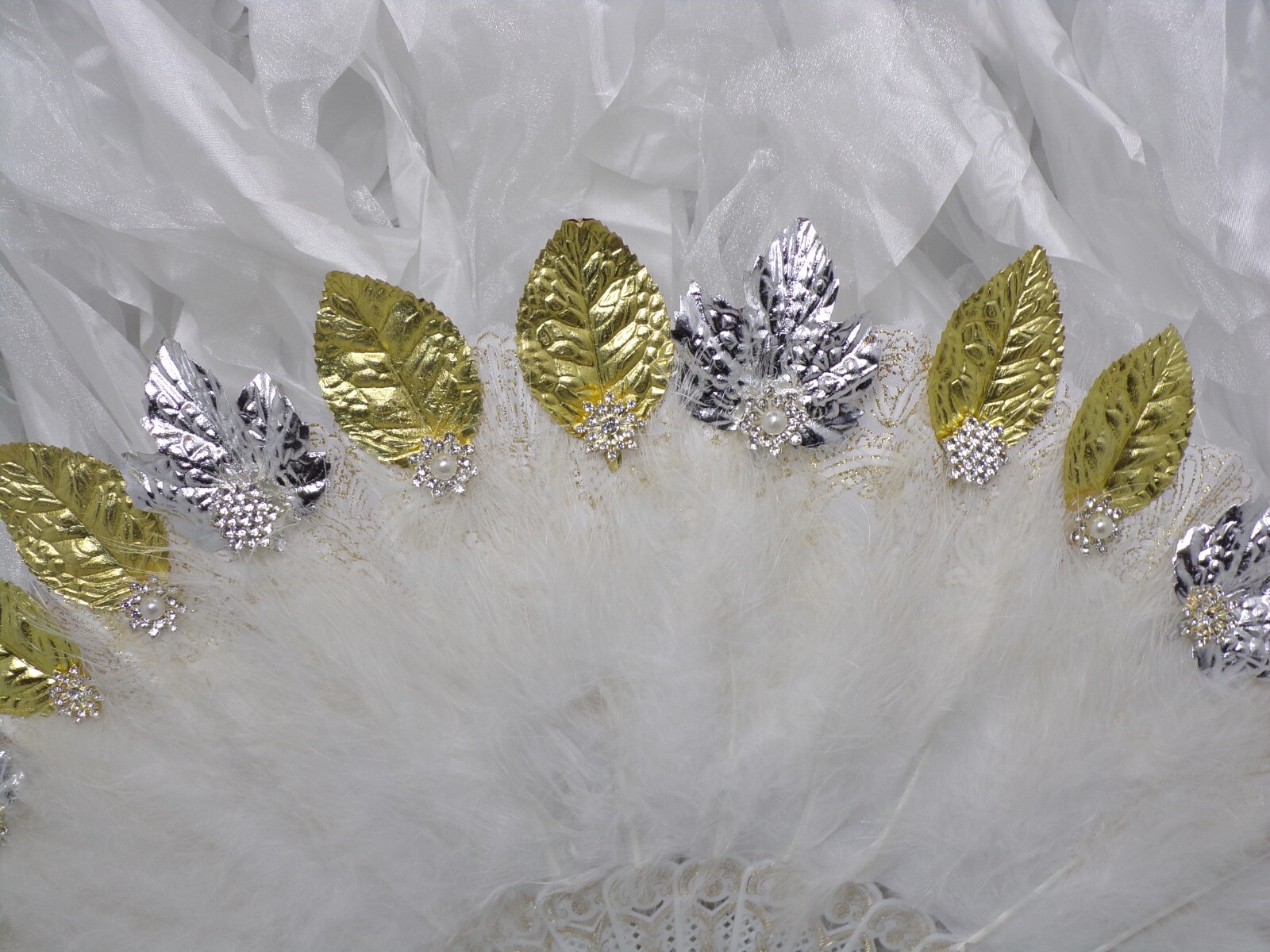 Embellished Art Deco Victorian Style Feather Fan - Open Fan Flapper Beauty 3