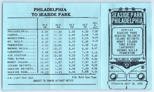 TIMETABLE Philadelphia PA to Seaside Park NJ July 18 1952 Bus Schedule - Picture 2 of 3