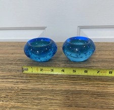 A Pair Of Blue Art Glass Votive Tea Light Candle Holder