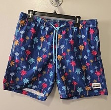 Beach Bros Swim Trunks Mens Large L Blue Beach Palm Trees Pockets Elastic Waist
