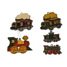 Stained Glass Sun Catchers Vtg Lot Of 5 Trains Steam Engines Plastic Retro