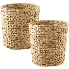2pk Bathroom Trash Cans, Round Woven Hyacinth Wicker Office Waste Basket Bins