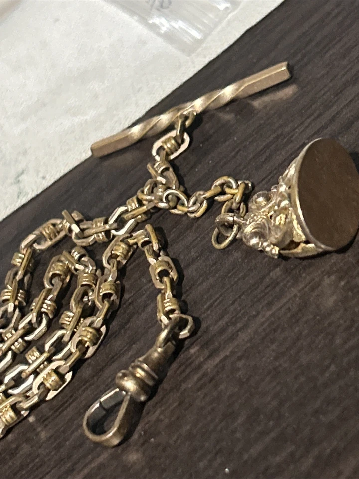Vintage Ornate JFSS Gold Filled Watch Chain T Bar With Gold Fill Wax Seal Fob - Image 3 of 4
