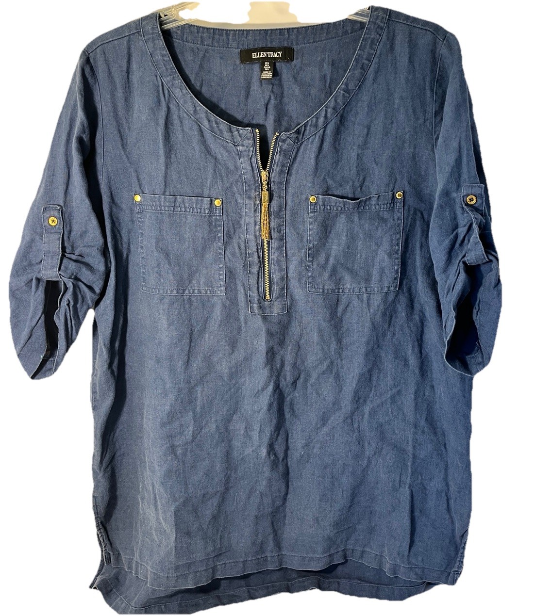 Ellen Tracy Linen Top Size Lg Blue 1/4 Zip Short Roll Tab Sleeves Scoop Neck