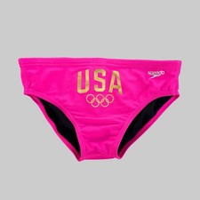 H.E.Arts USA logo custom print Speedo Men pink swim Brief Swimwear size 32 34