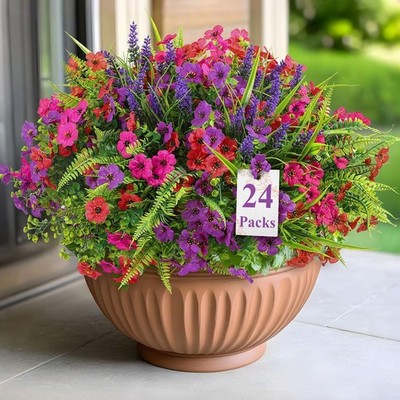 24 Bundles Artificial Flowers for Outdoors Planters Spring Decoration, UV