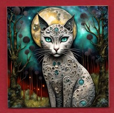 Stone Cat with Moon decorative ceramic art display tile 11cm