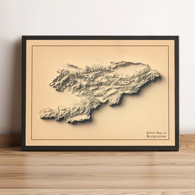 Kyrgyzstan Map, Kyrgyzstan 2D Relief Map, Kyrgyzstan Vintage Map - 2D Flat Print