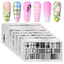 Nail Stamping Plates Set Plaid Flowers Leaves Lace Nail Art Image Plates -(8PCS)