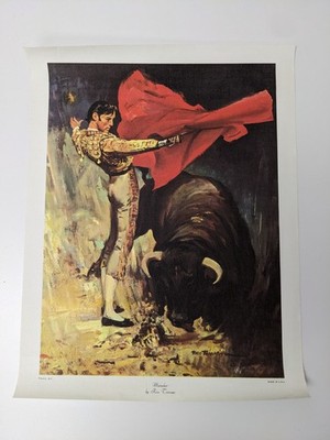 Vintage 1960s Mid Century Matador Bull Fighting Art Print on Canvas