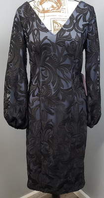 JS Collections Dress Womens 6 Black Sheer Embroidered Lace Overlay V-Neck