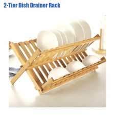 Folding Dish Drainer Wooden 2 Tier Dinner Plates Rack Stand Holder Kitchen Tidy