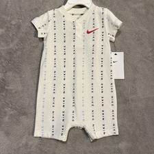 Nike Romper One Piece Infant 6M White Allover Logo Short Sleeve Bodysuit Swoosh