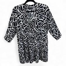 Rachel Zoe Black White Abstract Animal Print Tiered Mini Dress Large Wrap V-Neck