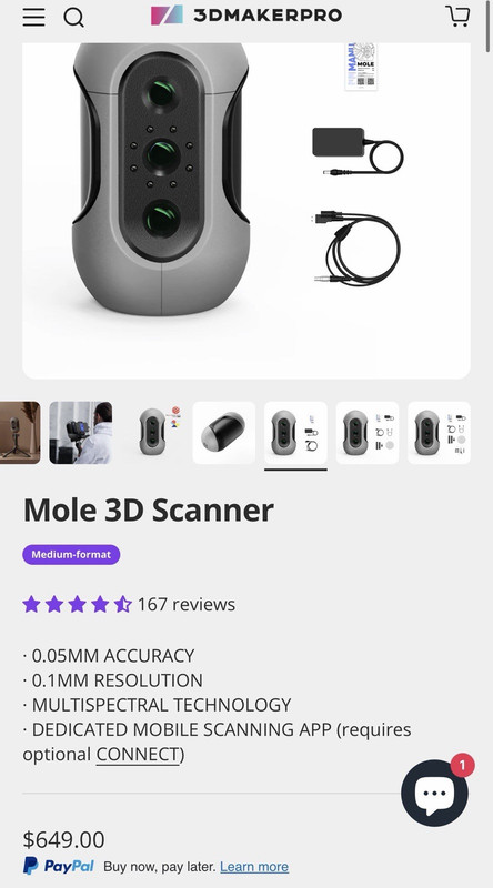 3DMAKERPRO Mole Handheld 3D Scanner Multispectral 0.1mm Mobile Scanning 