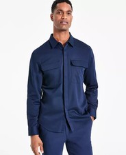 Alfani Men's Regular-Fit NAVY Long-Sleeve Flap Pockets Button-Up Shirt Size S