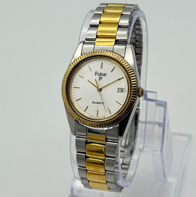 Vintage Unisex PULSAR Gold Tone Classic White Dial Bracelet Watch 30mm Y102-6019