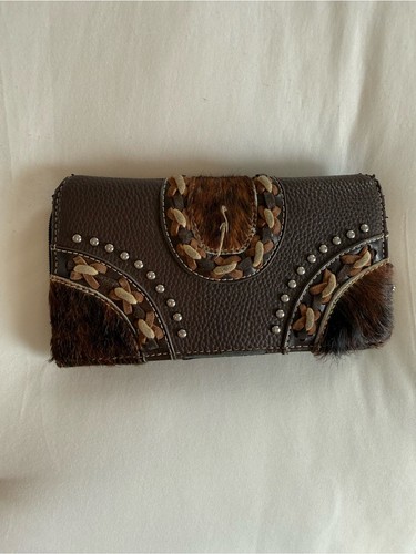 Trinity Ranch Western Cowhide Leather Wallet Hair On Hidden Compartment Brown