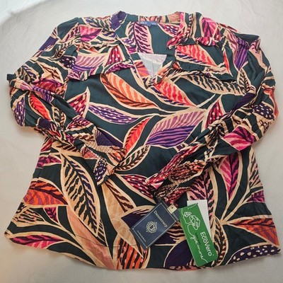 Democracy 3X Plus V-Neck Ruffle Chest Mandarin Collar Leaf Pattern Blouse 1207