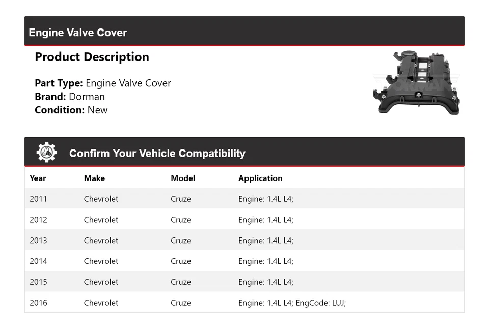 Cubierta de válvula de motor Dorman L4 1,4 L 2011-2016 Chevrolet Cruze 2012 2013 2014 Foto 2 de 4
