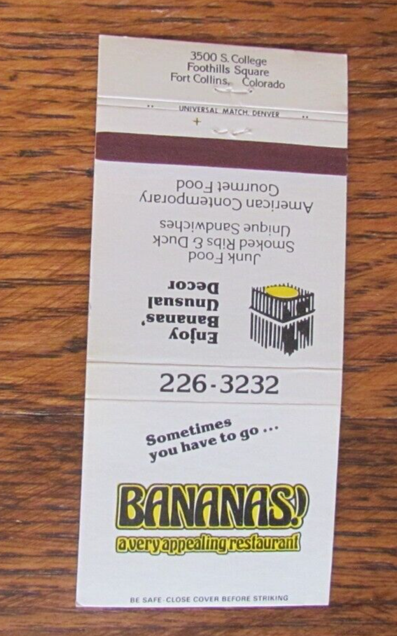 Red Fort Text FORT COLLINS, COLORADO MATCHBOOK COVER: BANANAS RESTAURANT EMPTY ...