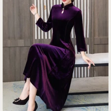 Retro Lady Chinese Velvet Cheongsam Dress Soft Loose Pleuche Elegant Asian Dress