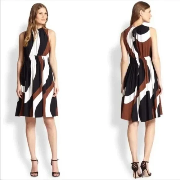Abito Kate Spade nero marrone Rio nero bianco crepe cravatta posteriore taglia 4 senza maniche
