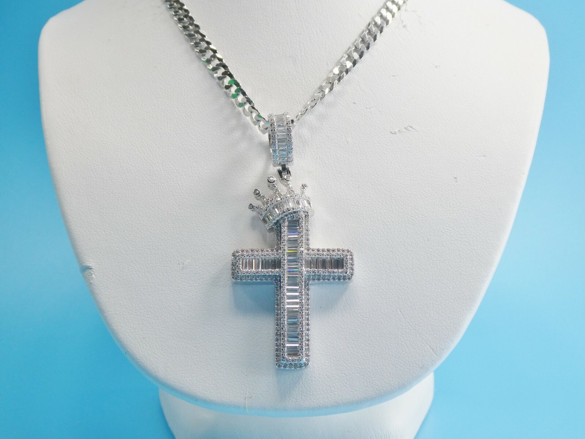 14K WHITE GOLD COLOR CHAIN AND CROSS AND CROWN PENDANT OVER 925 STERLING  SILVER
