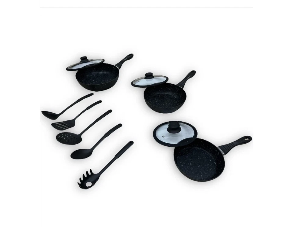 Bavaria Set 3 Padelle Alte Nere In Pietra Lavica Con Coperchi In Vetro Antiurto - Immagine 4 di 4