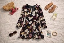 MINKPINK Black Floral Dress Sheer Sleeves | V-Neck Boho Mini | Size Small