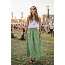 Vtg Handmade Calico Floral Smocked Waist Maxi Skirt S Green Pink Festival Hippy