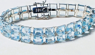 925 SILBER AQUABLAU DOPPELSTRANG BAGUETTE TENNIS ARMBAND * 31,4 g * 7,5'' lang