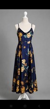 Navy Blue Floral Satin Slip Dress Cowl Neck Spaghetti Strap Maxi Dress Womens 02
