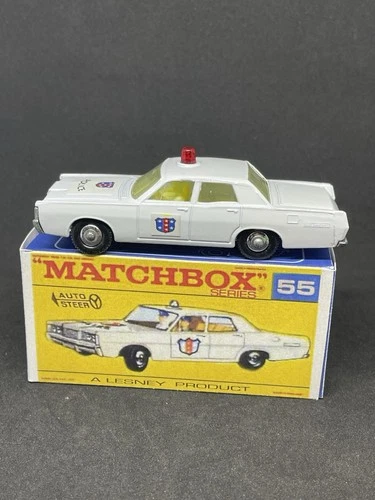 Vintage Lesney Matchbox 55 Mercury Red Dome Police Car Disc Wheels Repro Box.