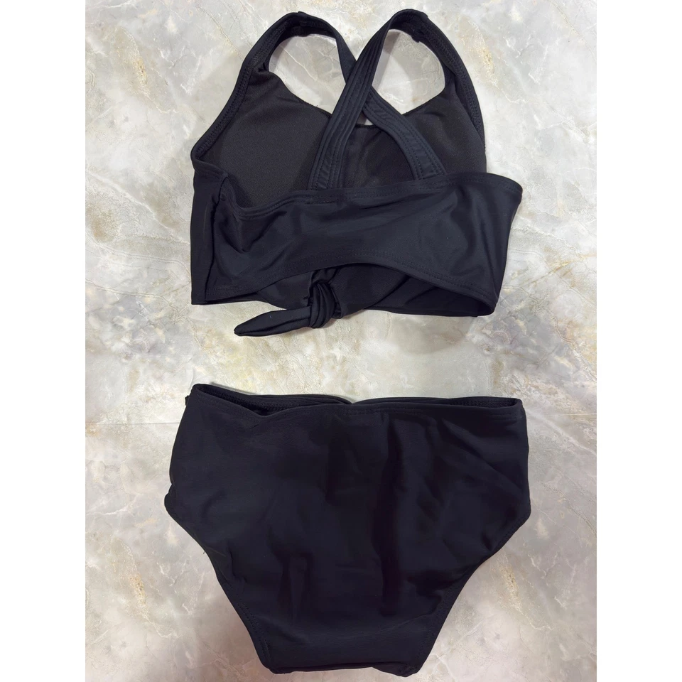 Girls Black Swimsuit Set, Crisscross Back Tankini, Knotted High Waisted 6-7Y - Image 3 of 4