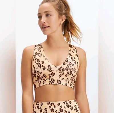 Fabletics On-The-Go Midi Medium Impact Sports Bra in Desert Leopard Size XS