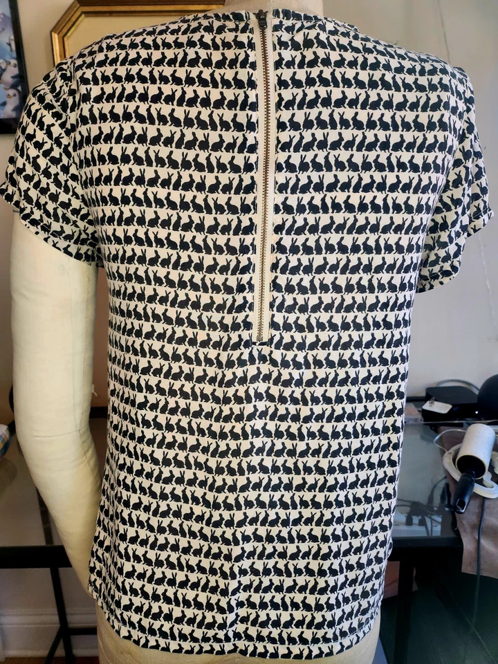 Bunny Rabbit Mod A Line blouse shirt women L 12 Peter pan collar zip Kawaii - Image 2 of 3
