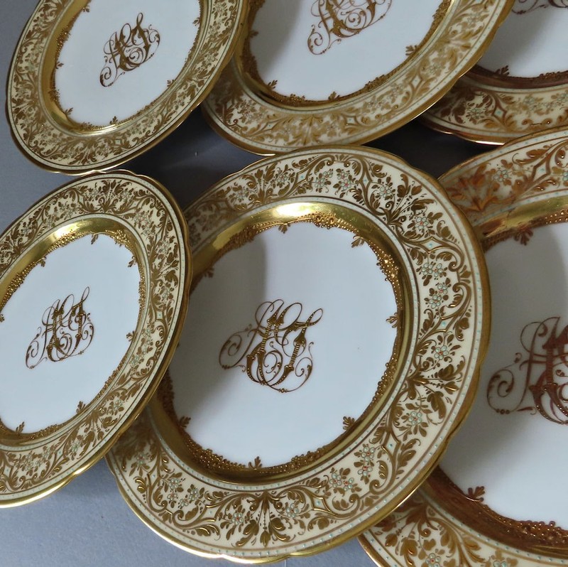 Set 6 Antique DRESDEN HP Porcelain Plates Raised GILT Turquoise Enamel WEHSENER