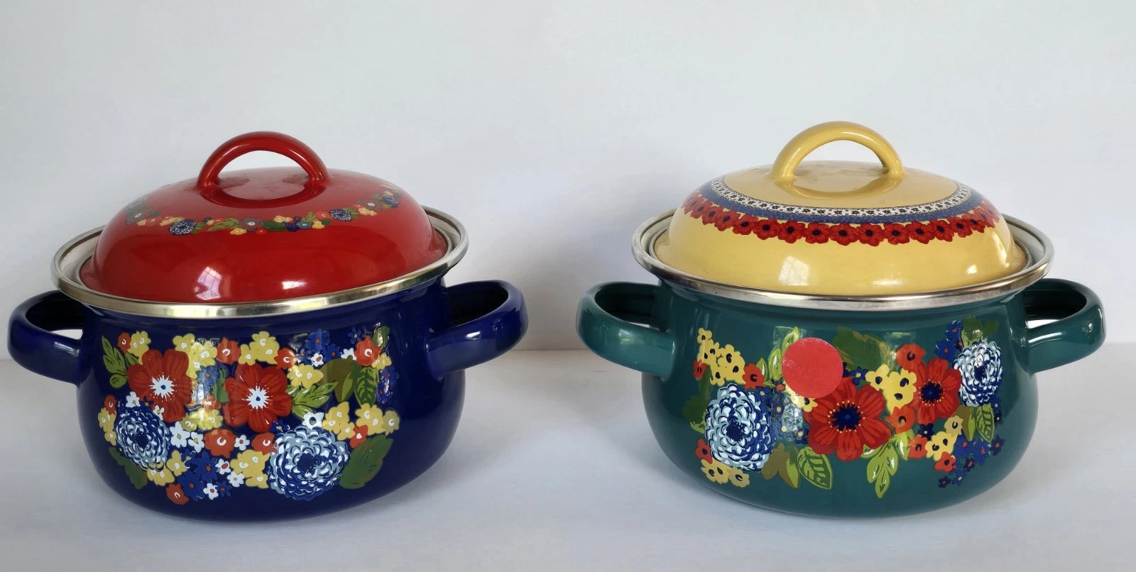 TWO New PIONEER Woman DAZZLING Dahlias MINI DUTCH Ovens ~ 1 Qt ENAMEL on Steel~!