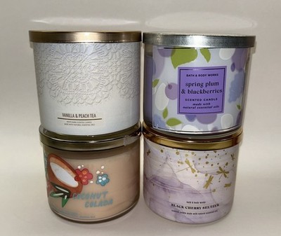 Bath & Body Works 3 Wick Candles   LOT of 4  Cherry Blackberry Coconut Peach NEW