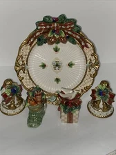 LOT 5 FITZ & FLOYD Vintage Christmas Plate, 2 Pairs Salt and Pepper Shakers