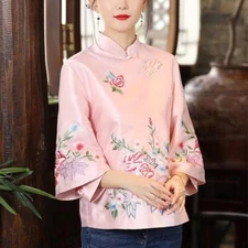 Chinese Style Retro Qipao Tops Women Stand Collar Floral Embroidery Casual Tops
