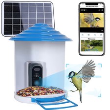Blue Smart Bird Feeder 1080P Camera Wifi App Control AI Reconization PIR Motion