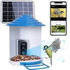 Blue Smart Bird Feeder 1080P Camera Wifi App Control AI Reconization PIR Motion